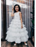 White Lace Tulle Ruffled Beaded Flower Girl Dress